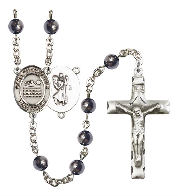 St. Christopher / Swimming Rosary, 6mm Hematite Beads, Silver Plate, # 11631
