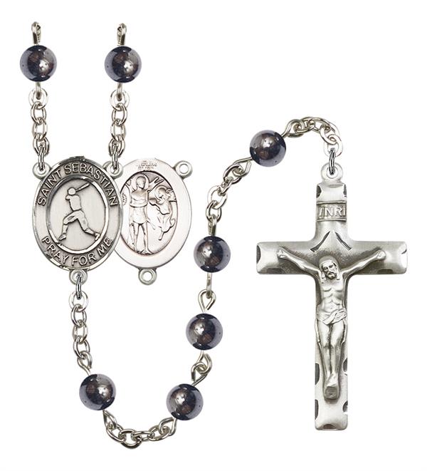 St. Sebastian / Baseball Rosary, 6mm Hematite Beads, Silver Plate, # 11634