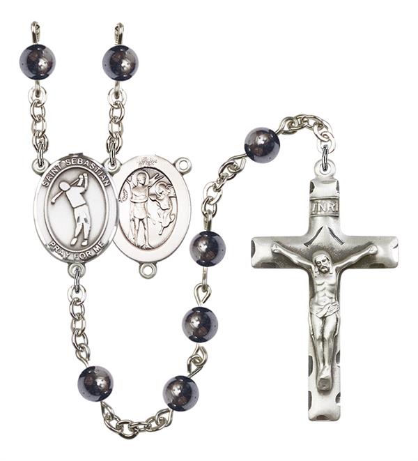 St. Sebastian / Golf Rosary, 6mm Hematite Beads, Silver Plate, # 11636