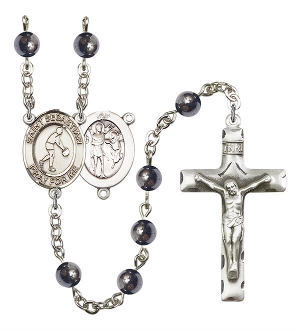 St. Sebastian / Basketball Rosary, 6mm Hematite Beads, Silver Plate, # 11637