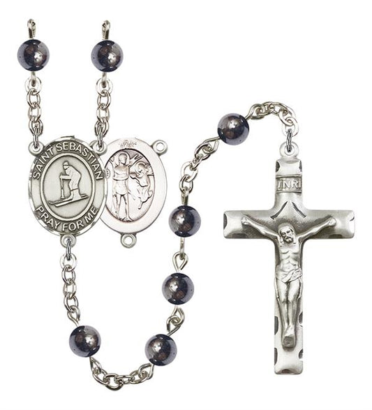 St. Sebastian / Skiing Rosary, 6mm Hematite Beads, Silver Plate, # 11643