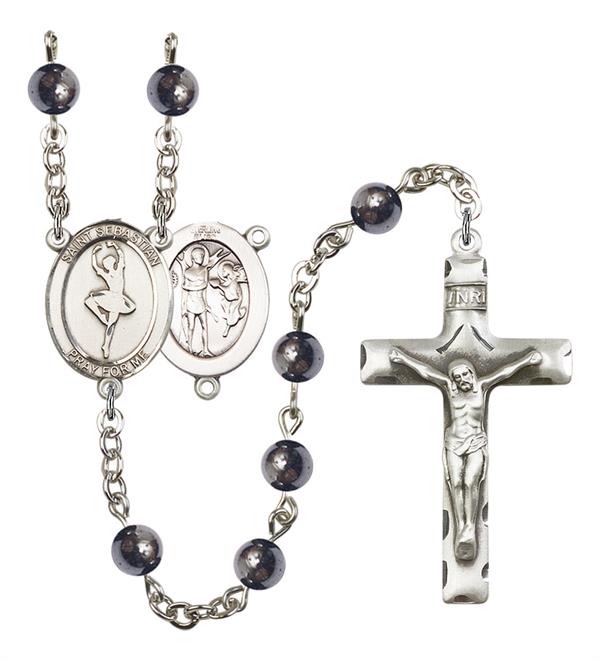 St. Sebastian / Dance Rosary, 6mm Hematite Beads, Silver Plate, # 11647