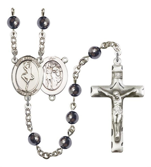 St. Sebastian / Dance Rosary, 6mm Hematite Beads, Silver Plate, # 11647