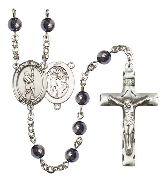 St. Sebastian / Lacrosse Rosary, 6mm Hematite Beads, Silver Plate, # 11648