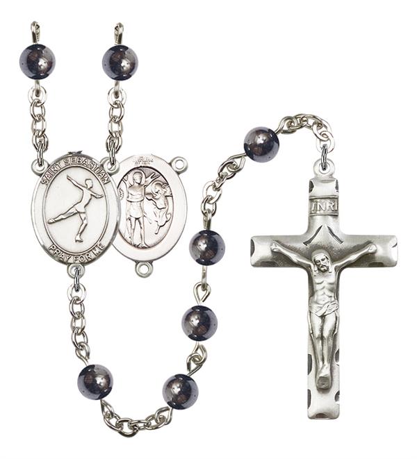 St. Sebastian / Figure Skating Rosary, 6mm Hematite Beads, Silver Plate, # 11651