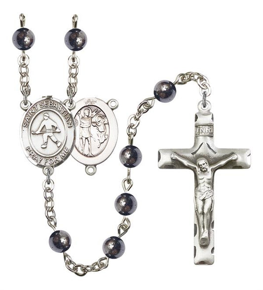 St. Sebastian / Field Hockey Rosary, 6mm Hematite Beads, Silver Plate, # 11652