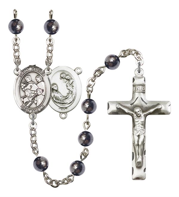 St. Cecilia / Marching Band Rosary, 6mm Hematite Beads, Silver Plate, # 11653