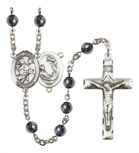 St. Cecilia / Marching Band Rosary, 6mm Hematite Beads, Silver Plate, # 11653