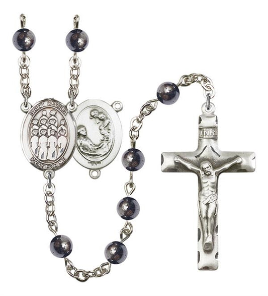 St. Cecilia / Choir Rosary, 6mm Hematite Beads, Silver Plate, # 11654