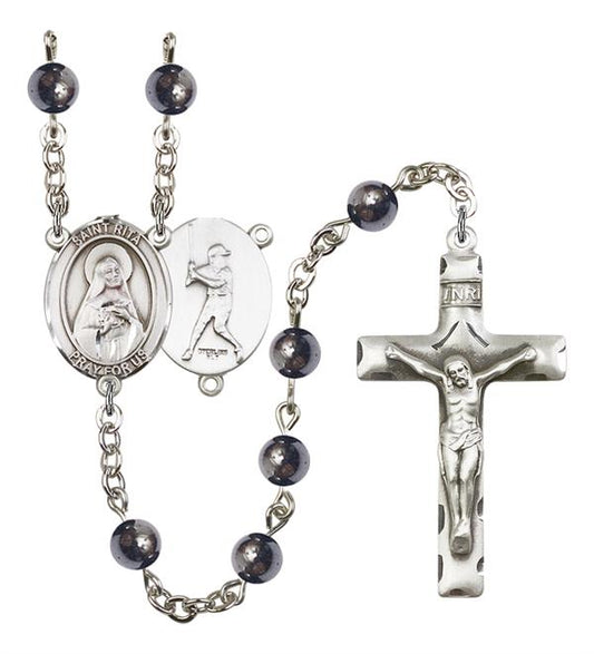 St. Rita / Baseball Rosary, 6mm Hematite Beads, Silver Plate, # 11655