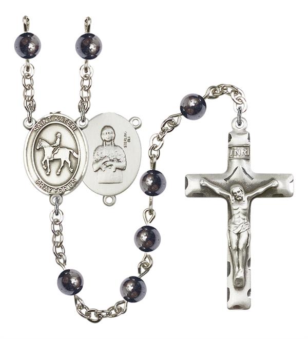 St. Kateri / Equestrian Rosary, 6mm Hematite Beads, Silver Plate, # 11656