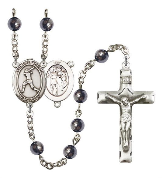 St. Sebastian / Women's Softball Rosary, 6mm Hematite Beads, Silver Plate, # 11657