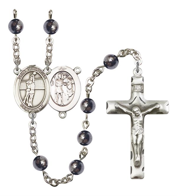 St. Sebastian / Volleyball Rosary, 6mm Hematite Beads, Silver Plate, # 11660