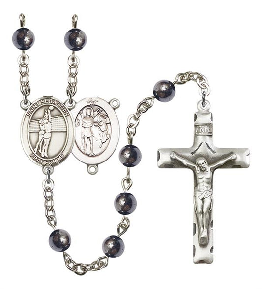 St. Sebastian / Volleyball Rosary, 6mm Hematite Beads, Silver Plate, # 11660