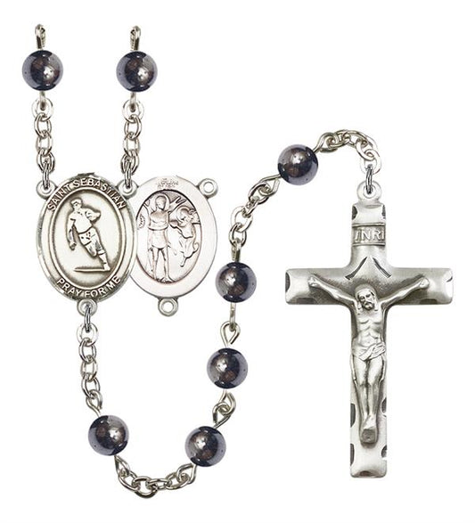 St. Sebastian / Rugby Rosary, 6mm Hematite Beads, Silver Plate, # 11661