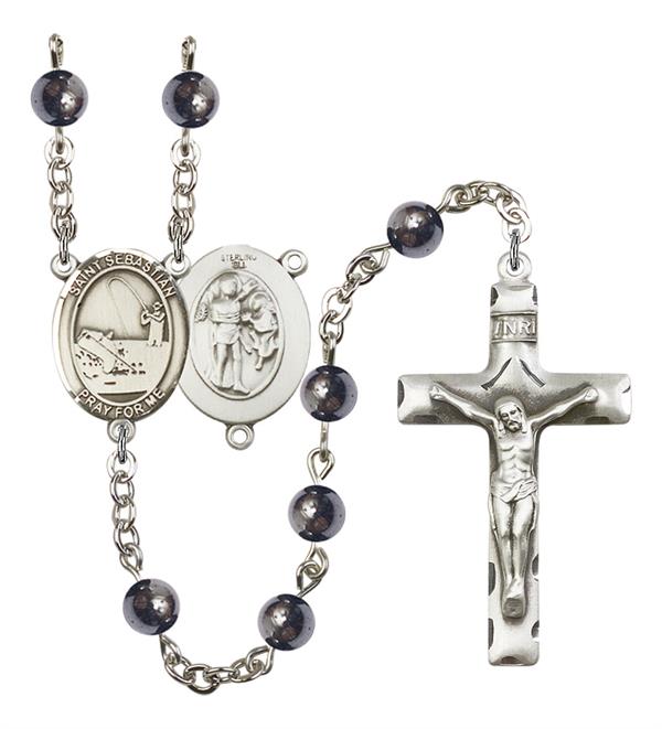 St. Sebastian / Fishing Rosary, 6mm Hematite Beads, Silver Plate, # 11662