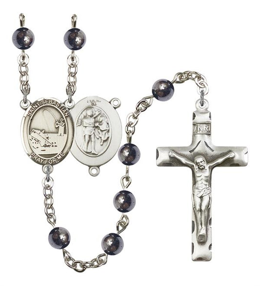 St. Sebastian / Fishing Rosary, 6mm Hematite Beads, Silver Plate, # 11662