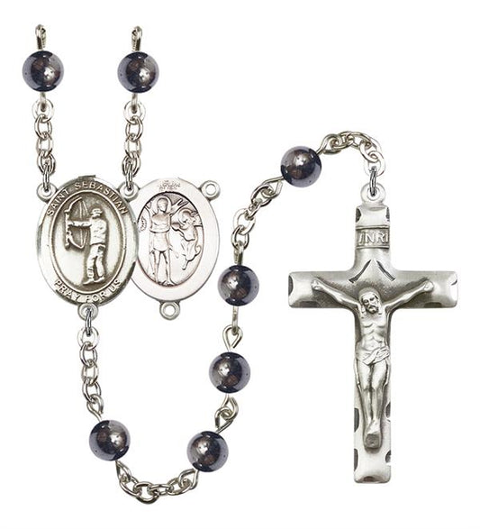St. Sebastian / Archery Rosary, 6mm Hematite Beads, Silver Plate, # 11663
