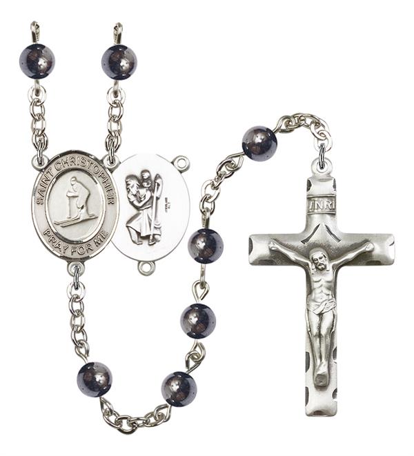 St. Christopher / Skiing Rosary, 6mm Hematite Beads, Silver Plate, # 11667