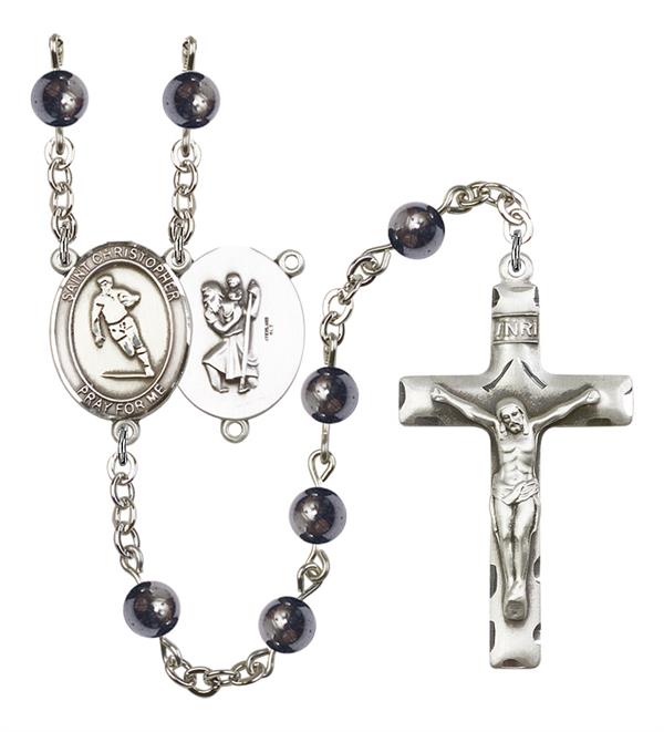St. Christopher / Rugby Rosary, 6mm Hematite Beads, Silver Plate, # 11668