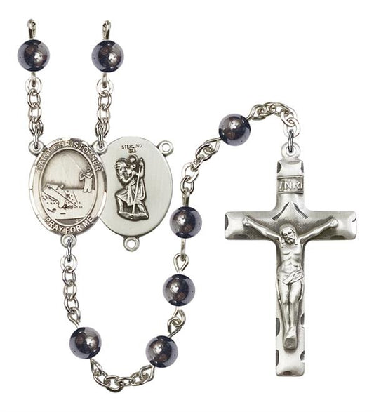 St. Christopher / Fishing Rosary, 6mm Hematite Beads, Silver Plate, # 11670