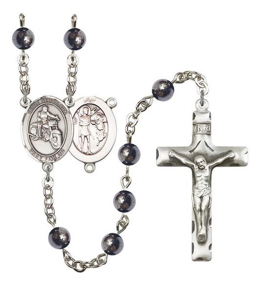 St. Sebastian / Motorcycle Rosary, 6mm Hematite Beads, Silver Plate, # 11671