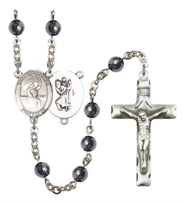 St. Christopher / Men's Water Polo Rosary, 6mm Hematite Beads, Silver Plate, # 11672