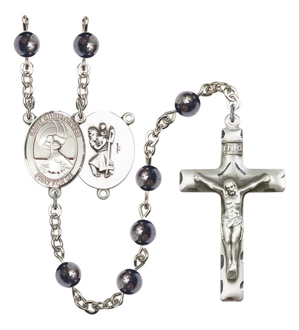St. Christopher / Women's Water Polo Rosary, 6mm Hematite Beads, Silver Plate, # 11673