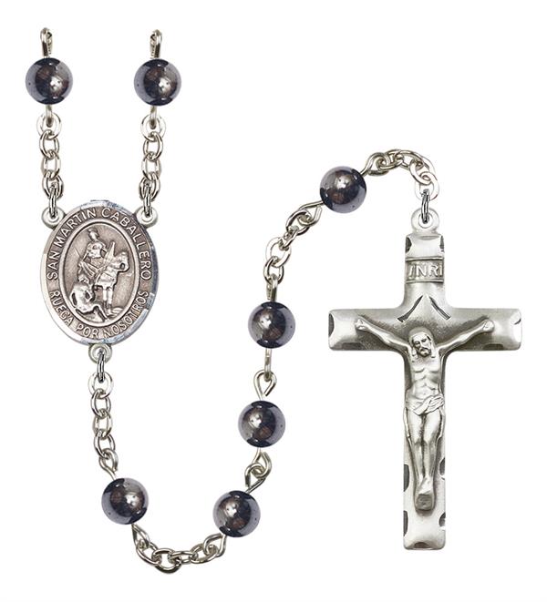 San Martin Caballero Rosary, 6mm Hematite Beads, Silver Plate, # 11675