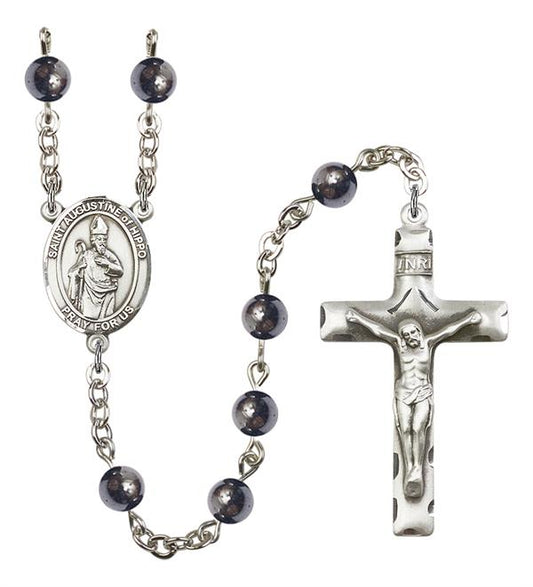 St. Augustine of Hippo Rosary, 6mm Hematite Beads, Silver Plate, # 11677