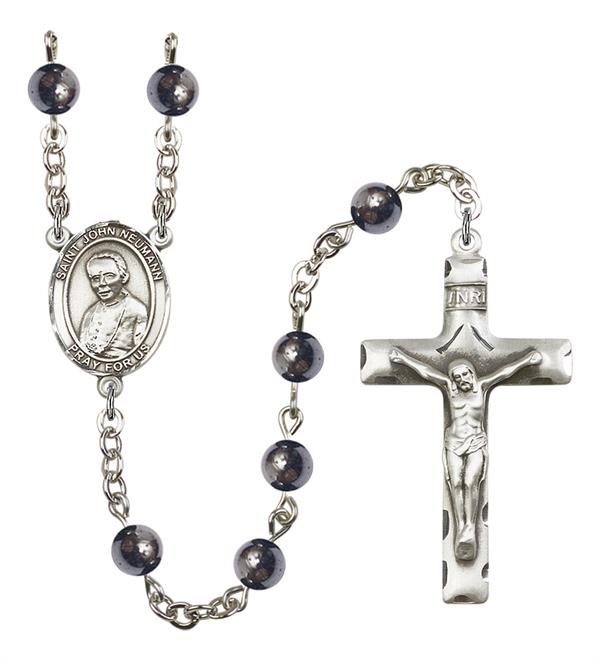 St. John Neumann Rosary, 6mm Hematite Beads, Silver Plate, # 11679