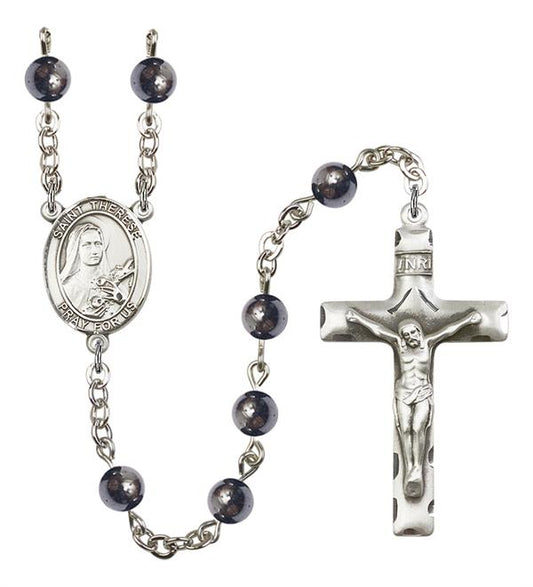 St. Therese of Lisieux Rosary, 6mm Hematite Beads, Silver Plate, # 11688