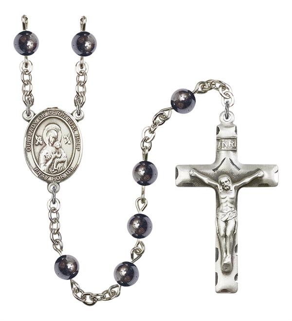 Our Lady of Perpetual Help Rosary, 6mm Hematite Beads, Silver Plate, # 11703