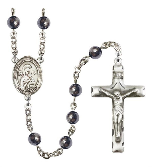 Our Lady of Perpetual Help Rosary, 6mm Hematite Beads, Silver Plate, # 11703