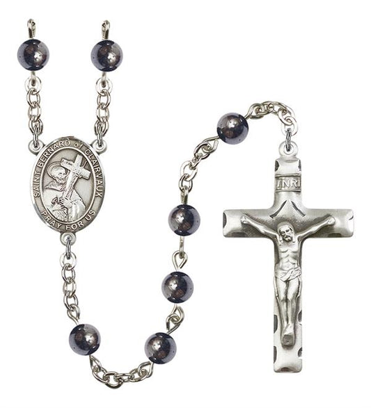 St. Bernard of Clairvaux Rosary, 6mm Hematite Beads, Silver Plate, # 11714