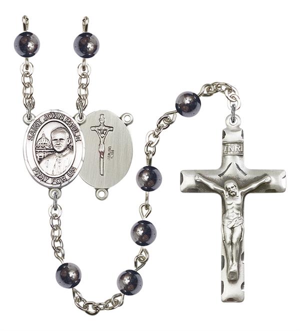 St. John Paul II Rosary, 6mm Hematite Beads, Silver Plate, # 11715