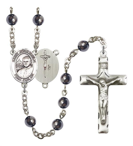 St. John Paul II Rosary, 6mm Hematite Beads, Silver Plate, # 11715