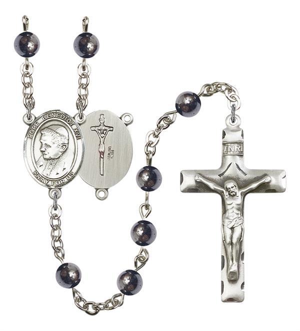 Pope Benedict XVI Rosary, 6mm Hematite Beads, Silver Plate, # 11716