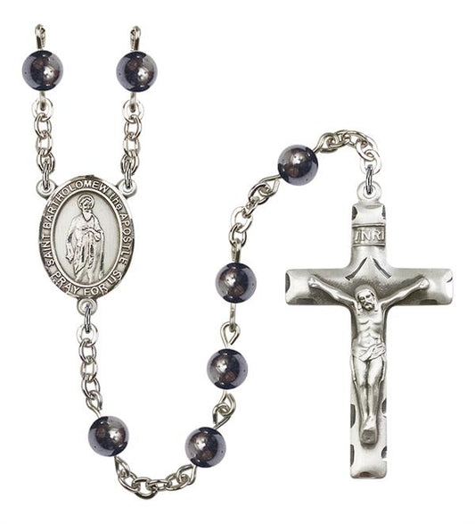 St. Bartholomew the Apostle Rosary, 6mm Hematite Beads, Silver Plate, # 11720