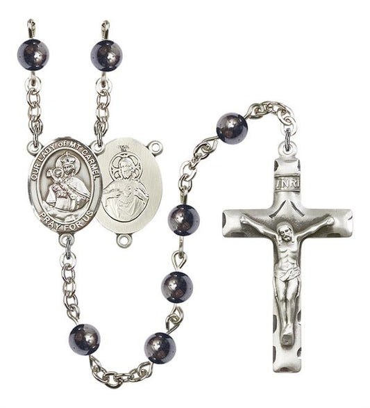Our Lady of Mount Carmel Rosary, 6mm Hematite Beads, Silver Plate, # 11725