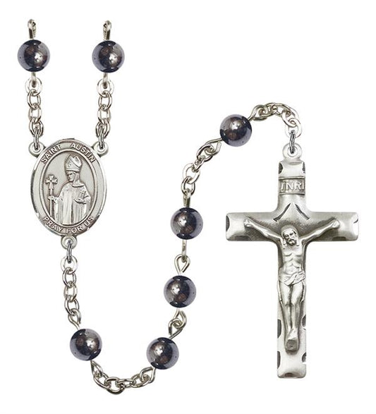St. Austin Rosary, 6mm Hematite Beads, Silver Plate, # 11739