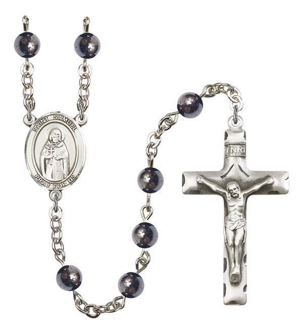 St. Samuel Rosary, 6mm Hematite Beads, Silver Plate, # 11742