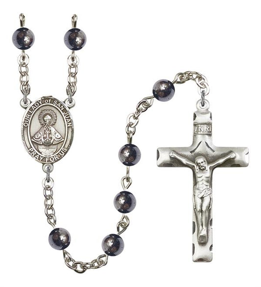 Our Lady of San Juan Rosary, 6mm Hematite Beads, Silver Plate, # 11747