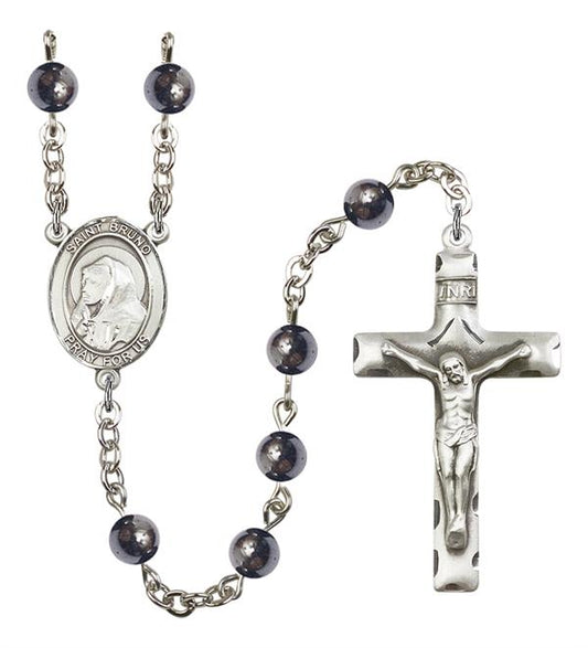 St. Bruno Rosary, 6mm Hematite Beads, Silver Plate, # 11753