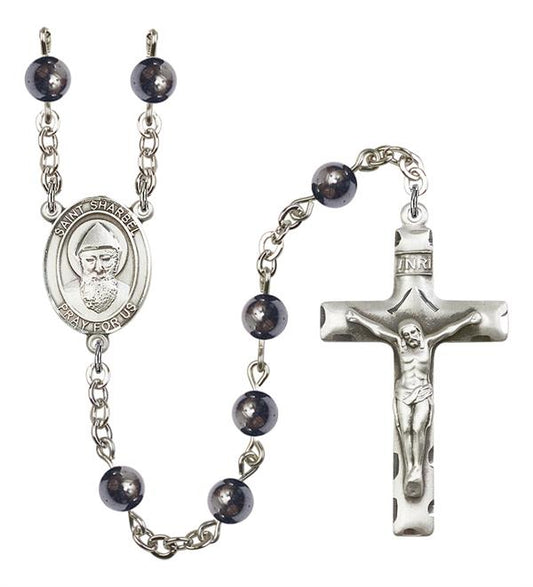 St. Sharbel Rosary, 6mm Hematite Beads, Silver Plate, # 11754