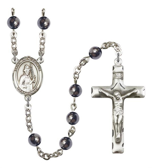 St. Wenceslaus Rosary, 6mm Hematite Beads, Silver Plate, # 11756