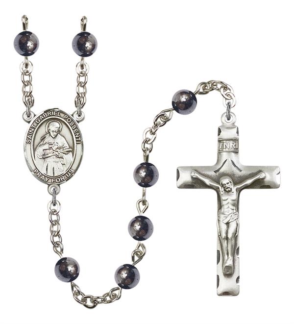 St. Gabriel Possenti Rosary, 6mm Hematite Beads, Silver Plate, # 11766
