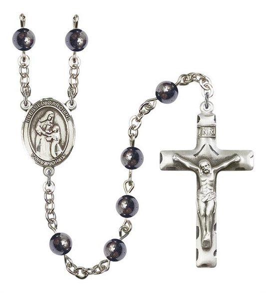 Blessed Caroline Gerhardinger Rosary, 6mm Hematite Beads, Silver Plate, # 11768