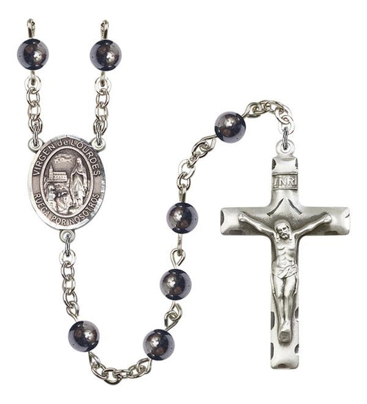 Virgen del Lourdes Spanish Rosary, 6mm Hematite Beads, Silver Plate, # 11776