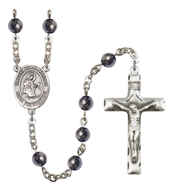 Virgen de la Merced Spanish Rosary, 6mm Hematite Beads, Silver Plate, # 11778